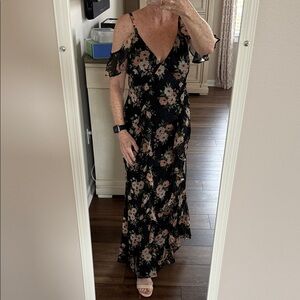 Old Navy “The Occasion” Off Shoulder Ruffle Chiffon Black Floral Maxi Dress